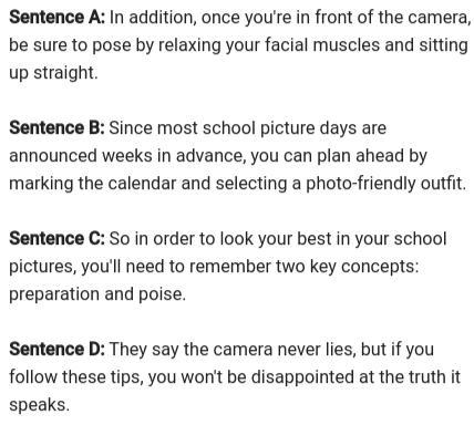 Which arrangement of these sentences would be best for a conclusion paragraph? Pls-example-1