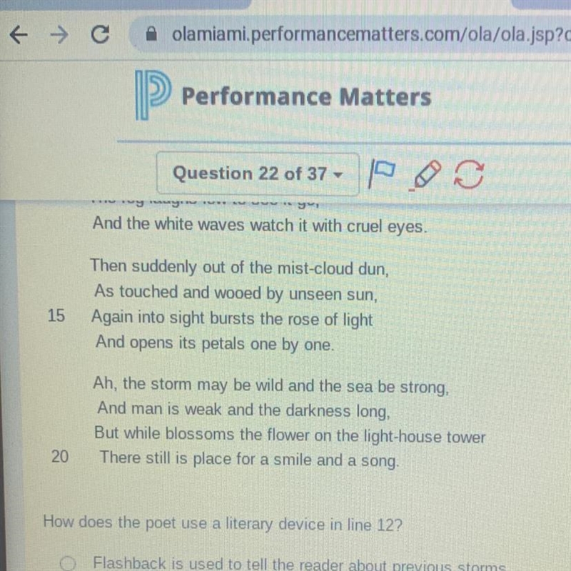 How does the poet use a literary device in line 127 O Flashback is used to tell the-example-1