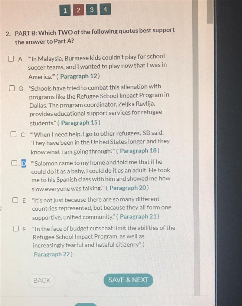 2. PART B: Which TWO of the following quotes best support the answer to Part A? O-example-1