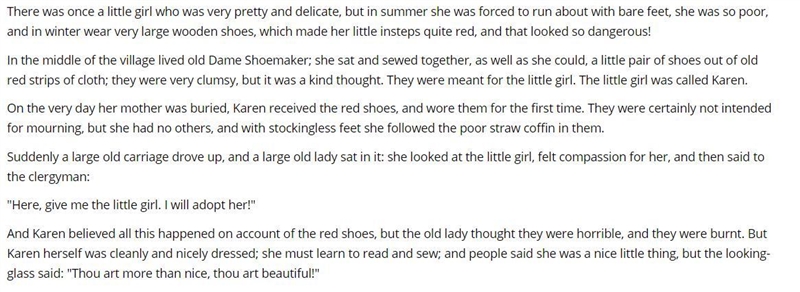 Read this excerpt from “The Red Shoes” by Hans Christian Andersen. Which thesis statement-example-1