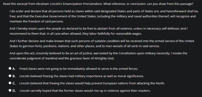 Read this excerpt from Abraham Lincoln’s Emancipation Proclamation. What inference-example-1