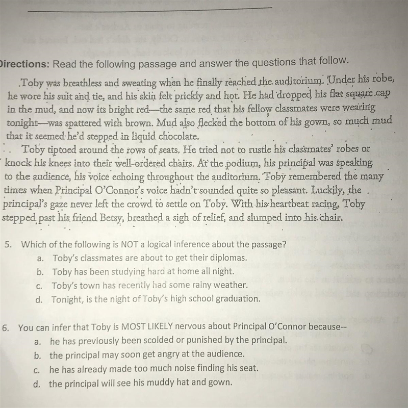 Which of the following is NOT a logical inference about the passage? a. Toby's classmates-example-1