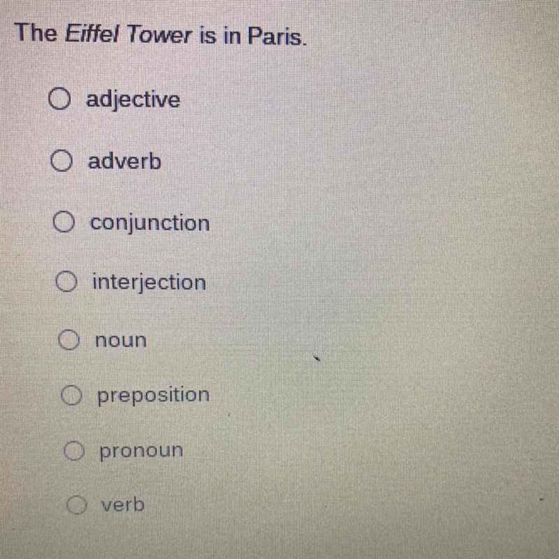 The Eiffel Tower is in Paris. O adjective O adverb O conjunction O interjection O-example-1