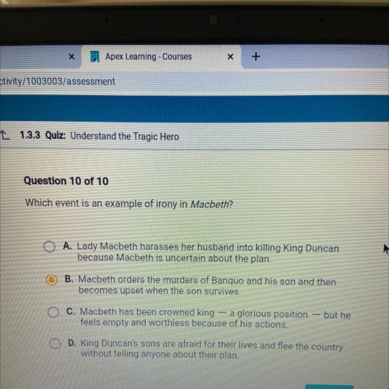 Which event is an example of irony in Macbeth?-example-1