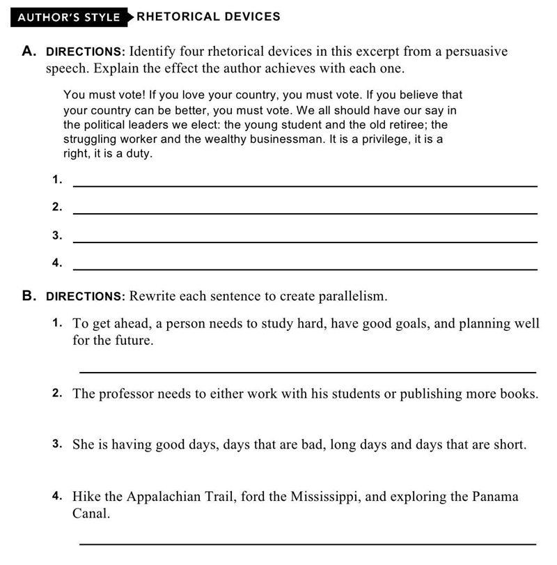 AUTHOR'S STYLE RHETORICAL DEVICES A. DIRECTIONS: Identify four rhetorical devices-example-1