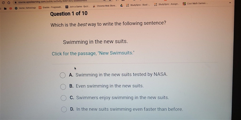 Which is the best way to write the following sentence? Swimming in the new suits. Click-example-1