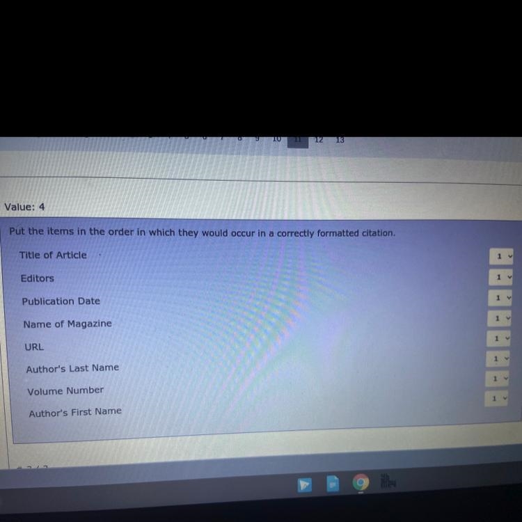 Put the items in the order in which they would occur in a correctly formatted citation-example-1