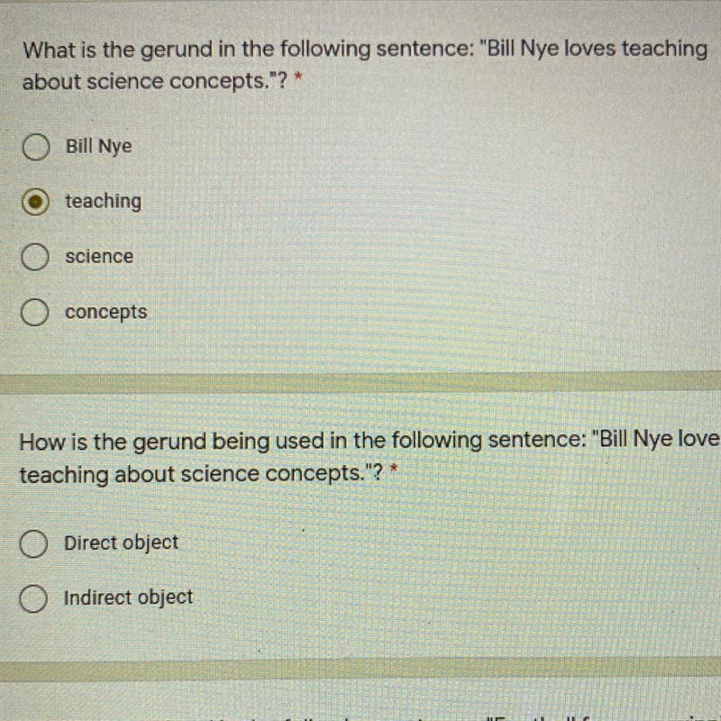 What is the gerund in the following sentence: “Bill Nye loves teaching about science-example-1