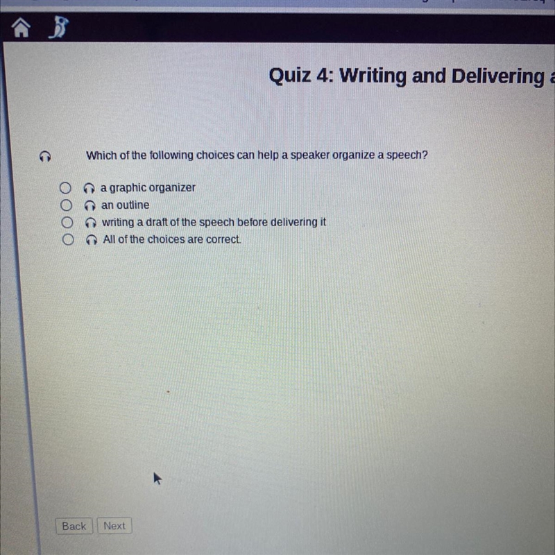 Which of the following choices can help a speaker organize a speech? 0000 a graphic-example-1