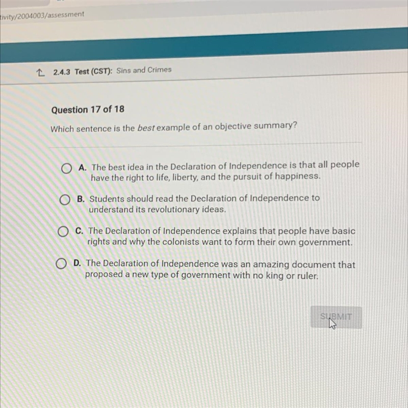 Which sentence is the best example of an objective summary?-example-1