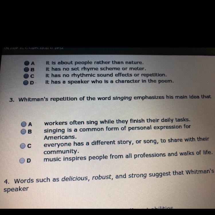 3. Whitman's repetition of the word singing emphasizes his main idea that-example-1