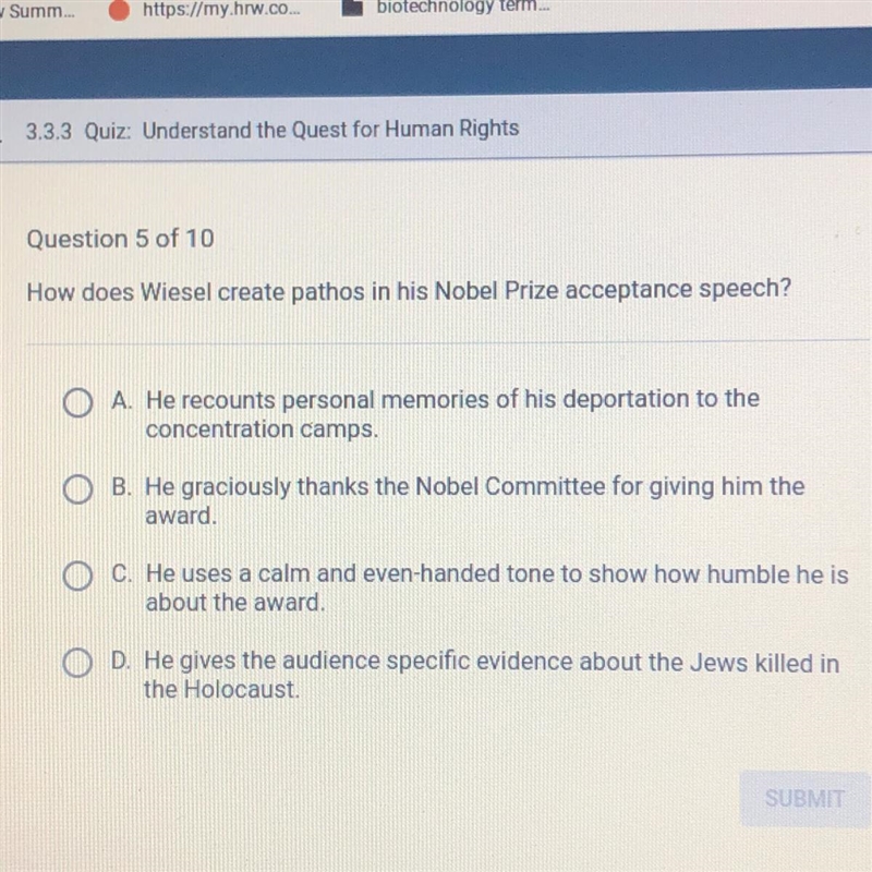 How does wiesel create pathos in his nobel prize acceptance speech-example-1