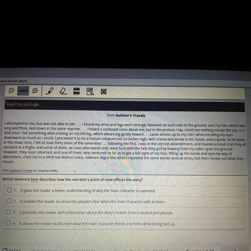 Which sentence best describes how the narrator's point of view affects the story? O-example-1