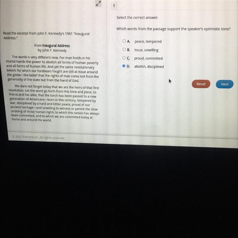 Select the correct answer. Which words from the passage support the speaker's optimistic-example-1