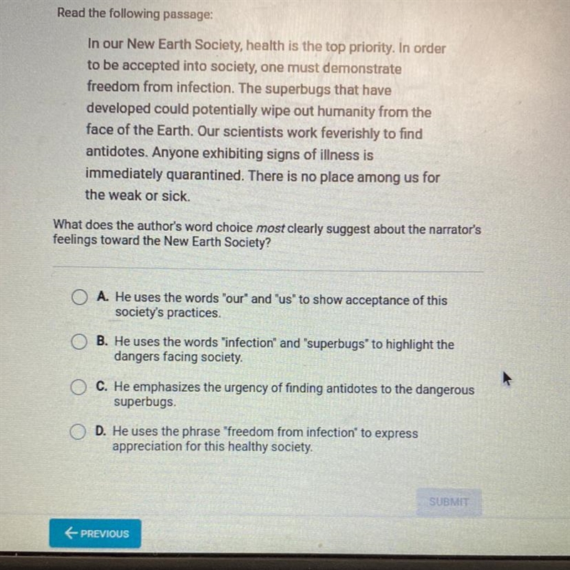 Question 5 of 21 Read the following passage: In our New Earth Society, health is the-example-1