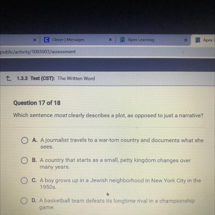 Which sentence most clearly describes a plot, as opposed to just a Narrative?-example-1