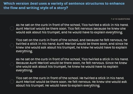 Hi! ❤️ id love some help out here Which version best uses a variety of sentence structures-example-1