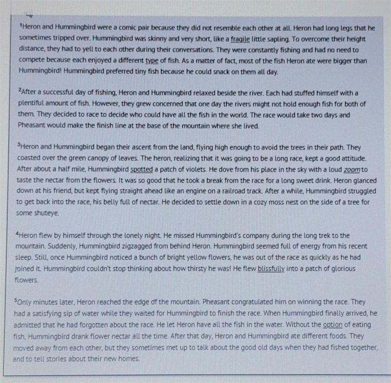 HELP ME OUT PLS!!! 3) What happens in the RESOLUTION of the story? A) Heron and Hummingbird-example-1