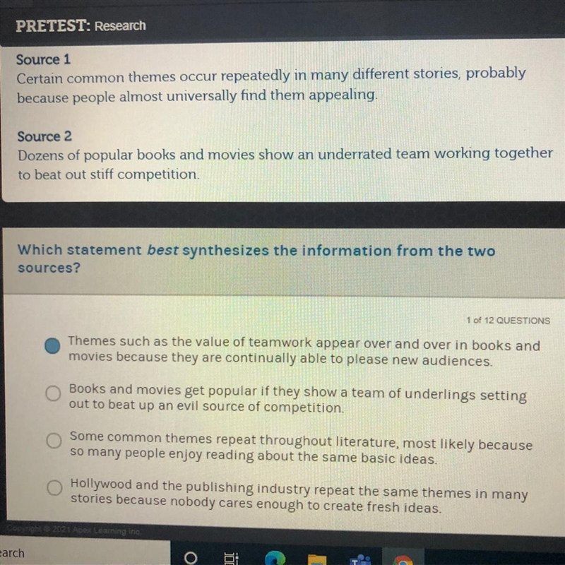 Help! Which statement best synthesizes the info from the two sources?-example-1