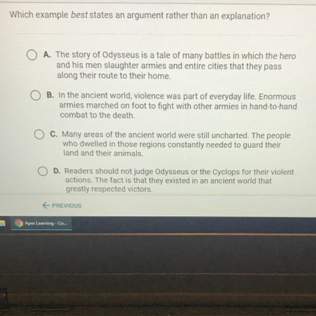 Which example best states an argument rather than an explanation?-example-1