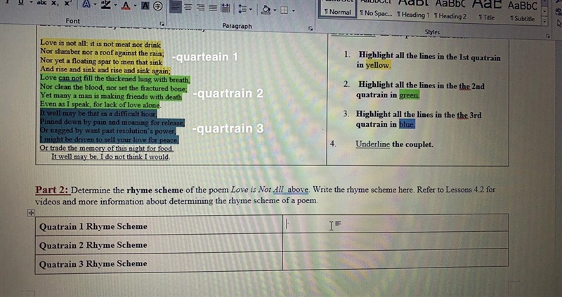 ￼ DUE SOON! PLEASE HELP! what are the rhyme schemes of the 3 quartrains : view photo-example-1