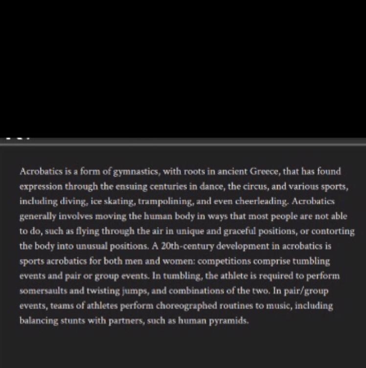 Acrobatics has many___. a.) parodies b.) figureheads c.) manifestations d.) automatons-example-1