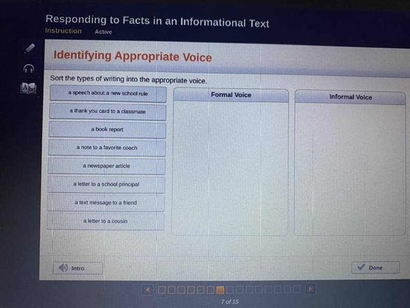 Sort the types of writing into the appropriate voice. a speech about a new school-example-1