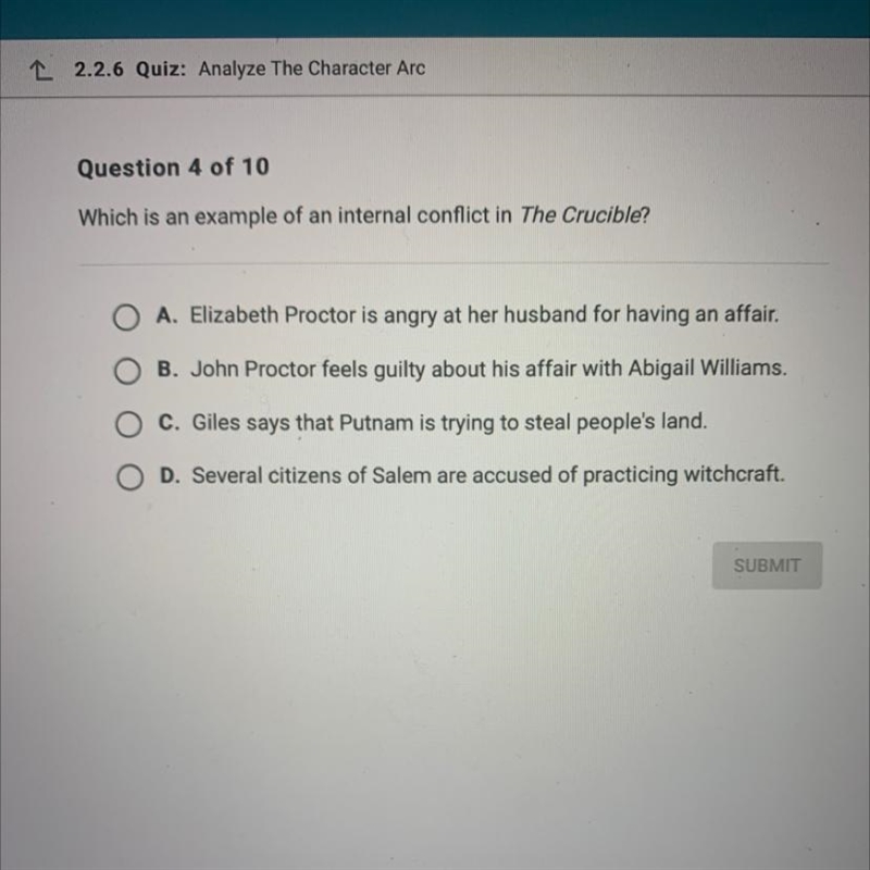 Which is an example of an internal conflict in The Crucible?-example-1