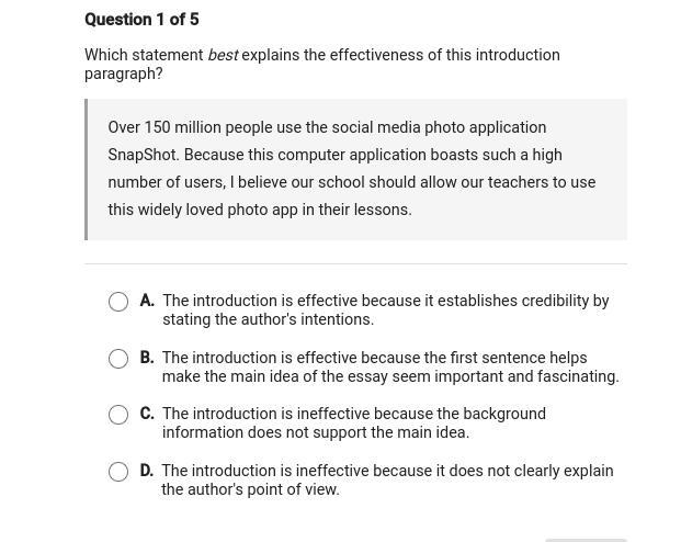 Which statement best explains the effectiveness of this introduction paragraph? A-example-1