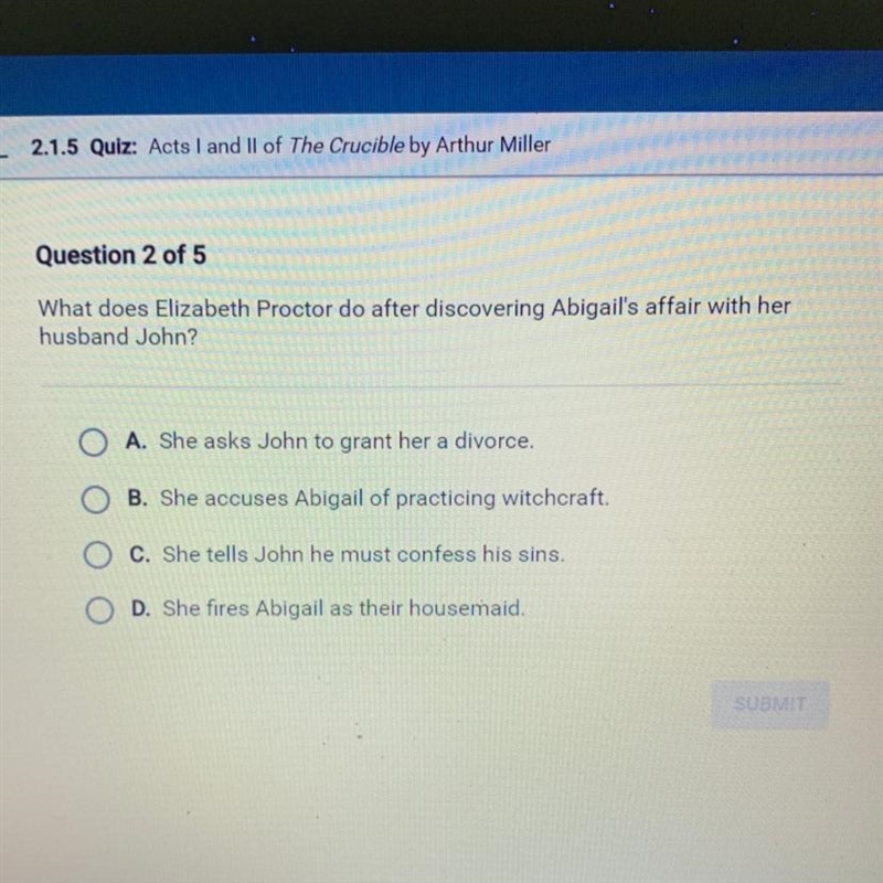 What does Elizabeth Proctor do after discovering Abigail's affair with her husband-example-1