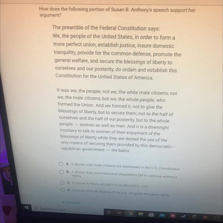 How does the following portion of Susan B. Anthony's speech support her argument? The-example-1