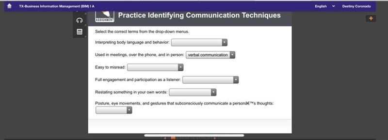 Select the correct terms from the drop-down menus. Interpreting body language and-example-1