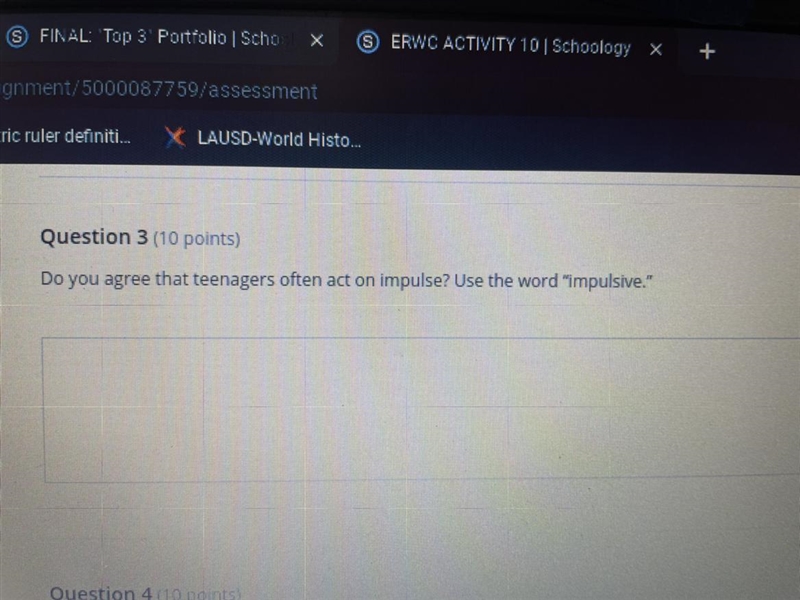 Do you agree that teenagers often act on impulse? Use the word "impulsive.&quot-example-1