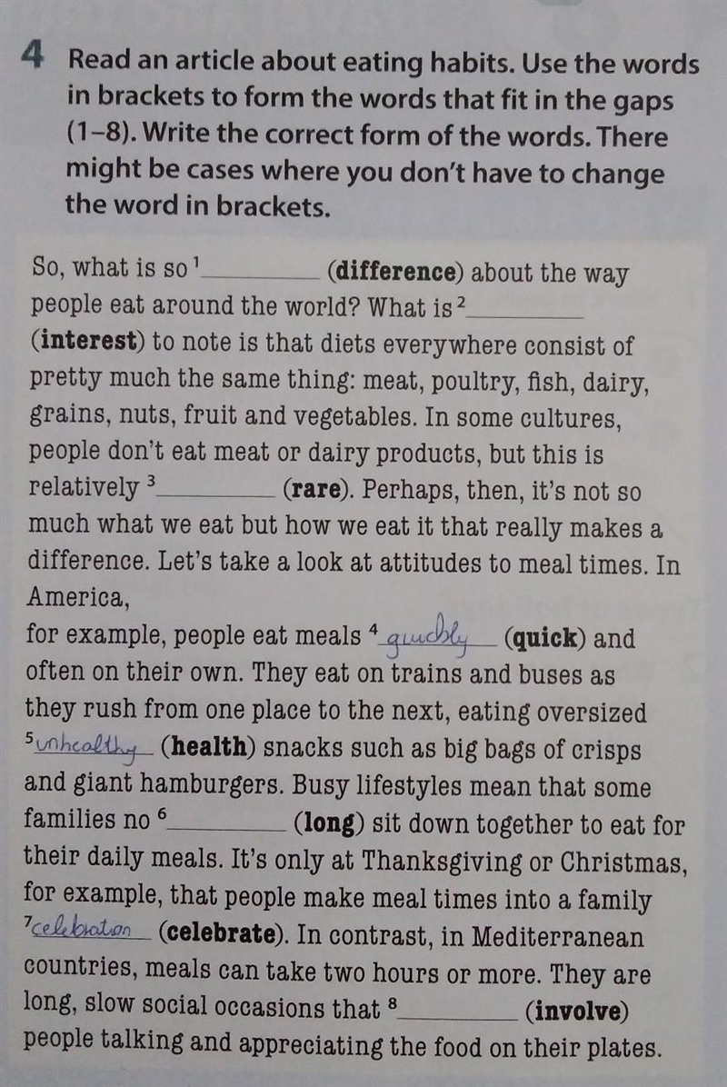 4 Read an article about eating habits. Use the words in brackets to form the words-example-1