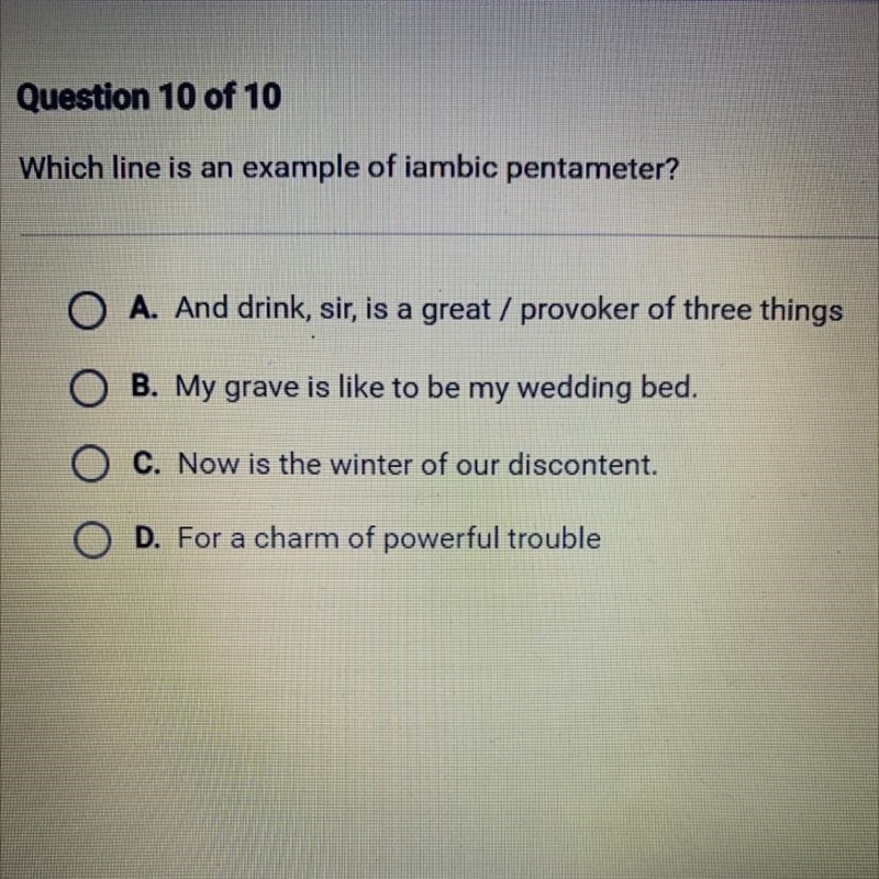 Which line is an example of iambic pentameter?-example-1