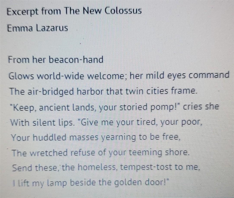 According to the poem, what is the attitude of the Statue of Liberty towards the people-example-1