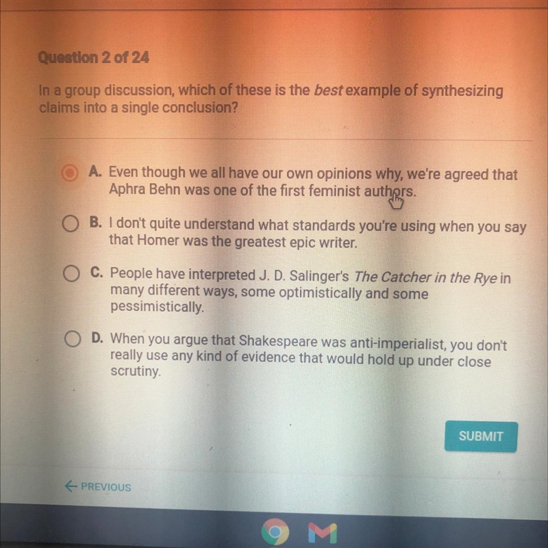 In a group discussion, which of these is the best example of synthesizing claims into-example-1