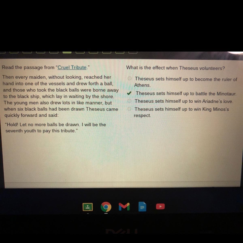 ANSWERSSS!! Read the passage from "Cruel Tribute.' What is the effect when Theseus-example-1