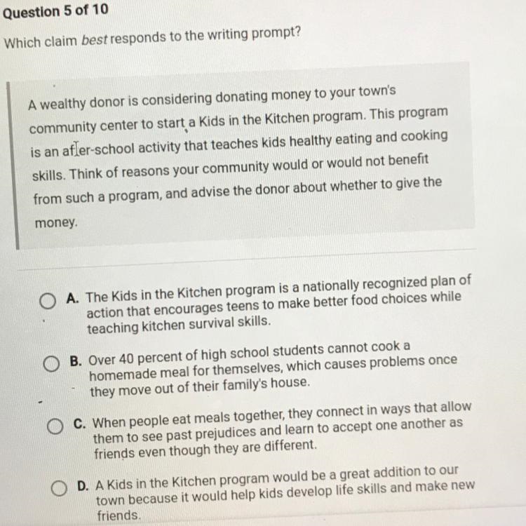 Which claim best responds to the writing prompt? A wealthy donor is considering donating-example-1