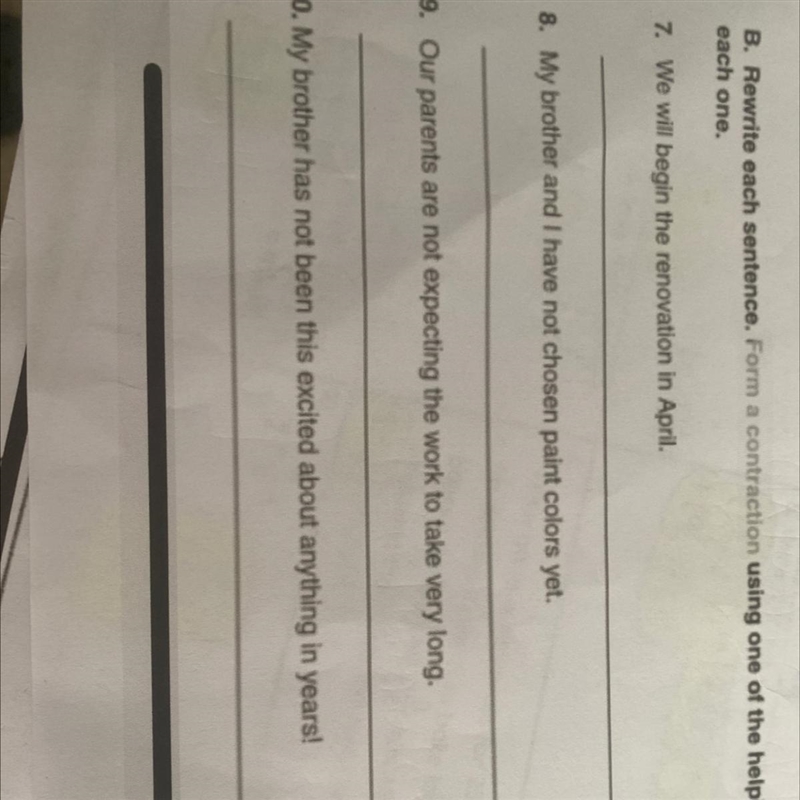 B. Rewrite each sentence. Form a contraction using one of the helping verbs in each-example-1