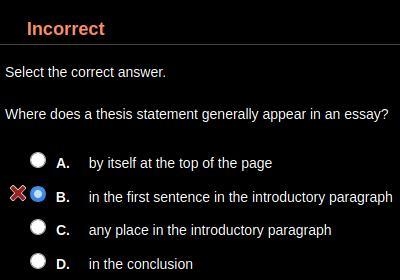 Where does a thesis statement generally appear in an essay? HINT: It's not B. A. By-example-1