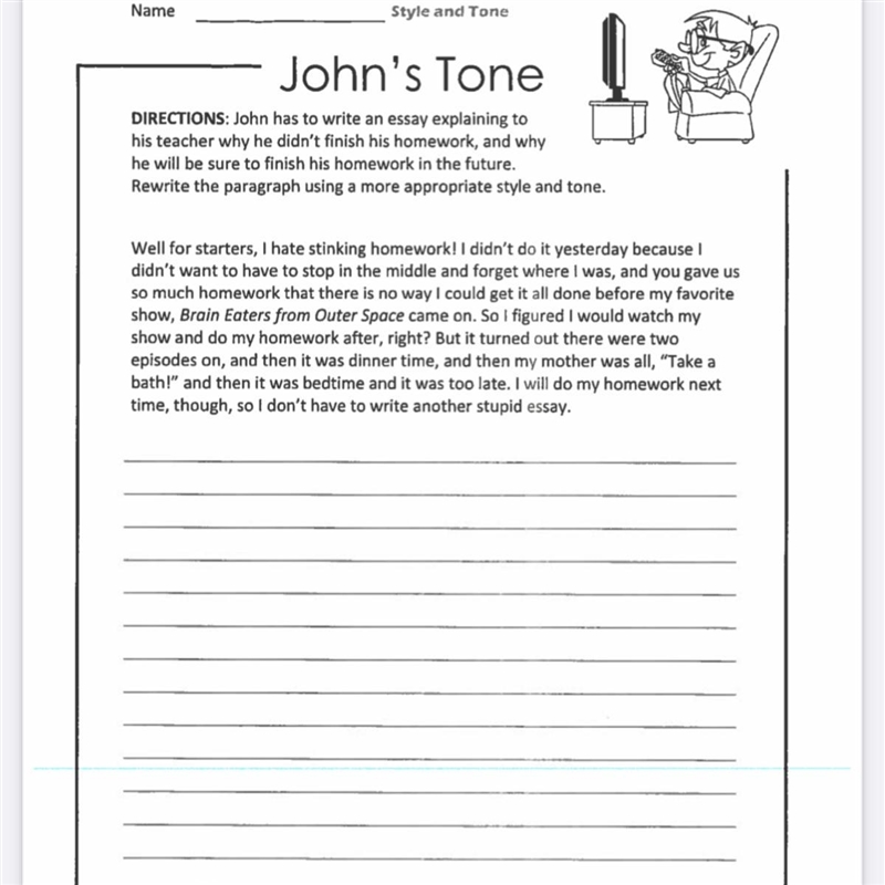 I need This done Tommorow for English and This assignment is johns Tone-example-1