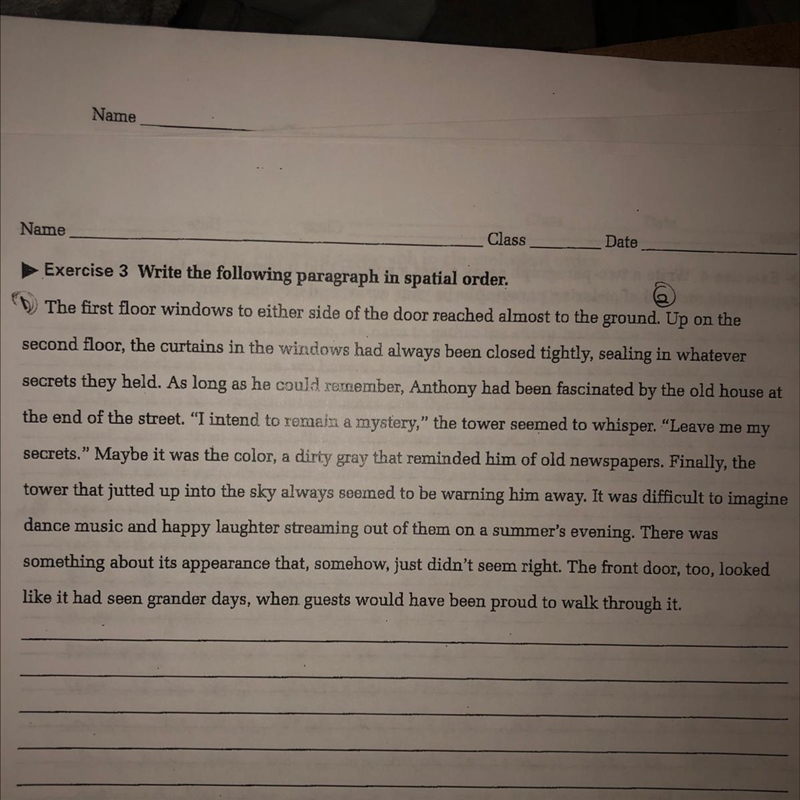 Exercise 3 Write the following paragraph in spatial order. The first floor windows-example-1