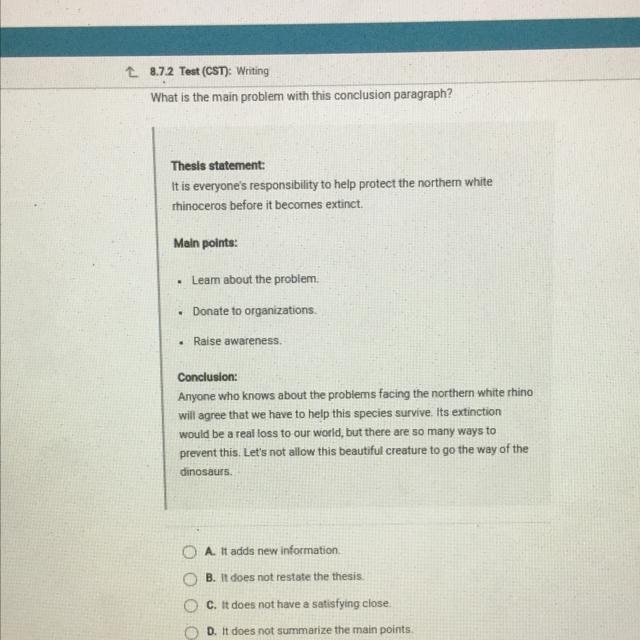 What is the main problem with this conclusion paragraph? Thesis statement: It is everyone-example-1