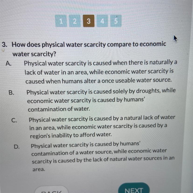 PLEASE HELP!! How does physical water scarcity compare to economic water scarcity-example-1