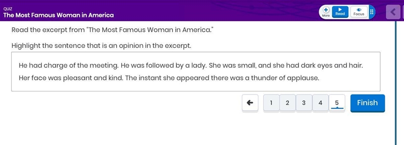 Read the excerpt from “The Most Famous Woman in America.” Highlight the sentence that-example-1