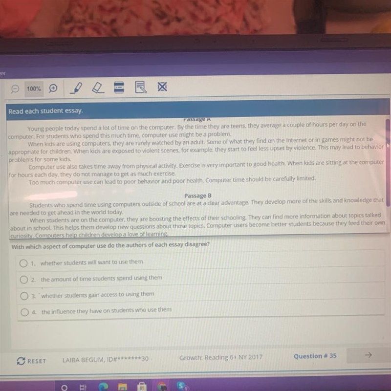 With which aspect of computer use do the authors of each essay disagree? 1. whether-example-1