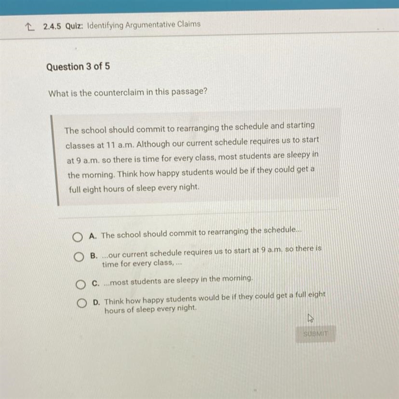 What is the counterclaim in this passage? The school should commit to rearranging-example-1