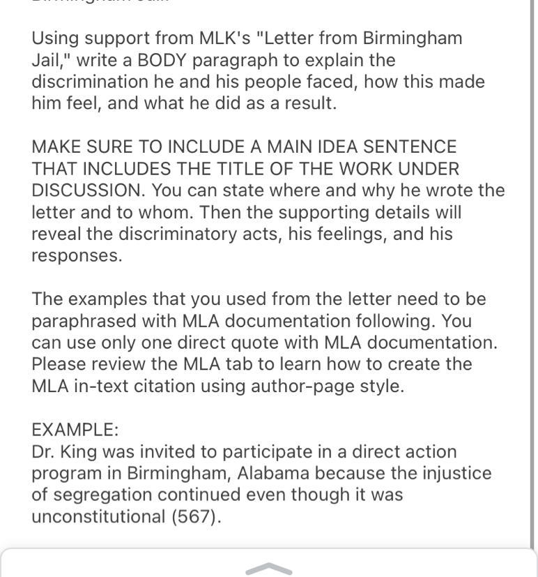 Helpp! I’m stuck! Need to write a paragraph about Martin Luther kings Letter from-example-1