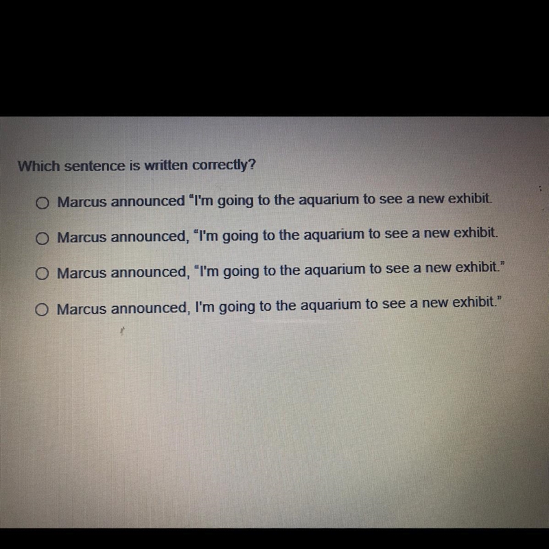 Which sentence is written correctly? Marcus announced "I'm going to the aquarium-example-1